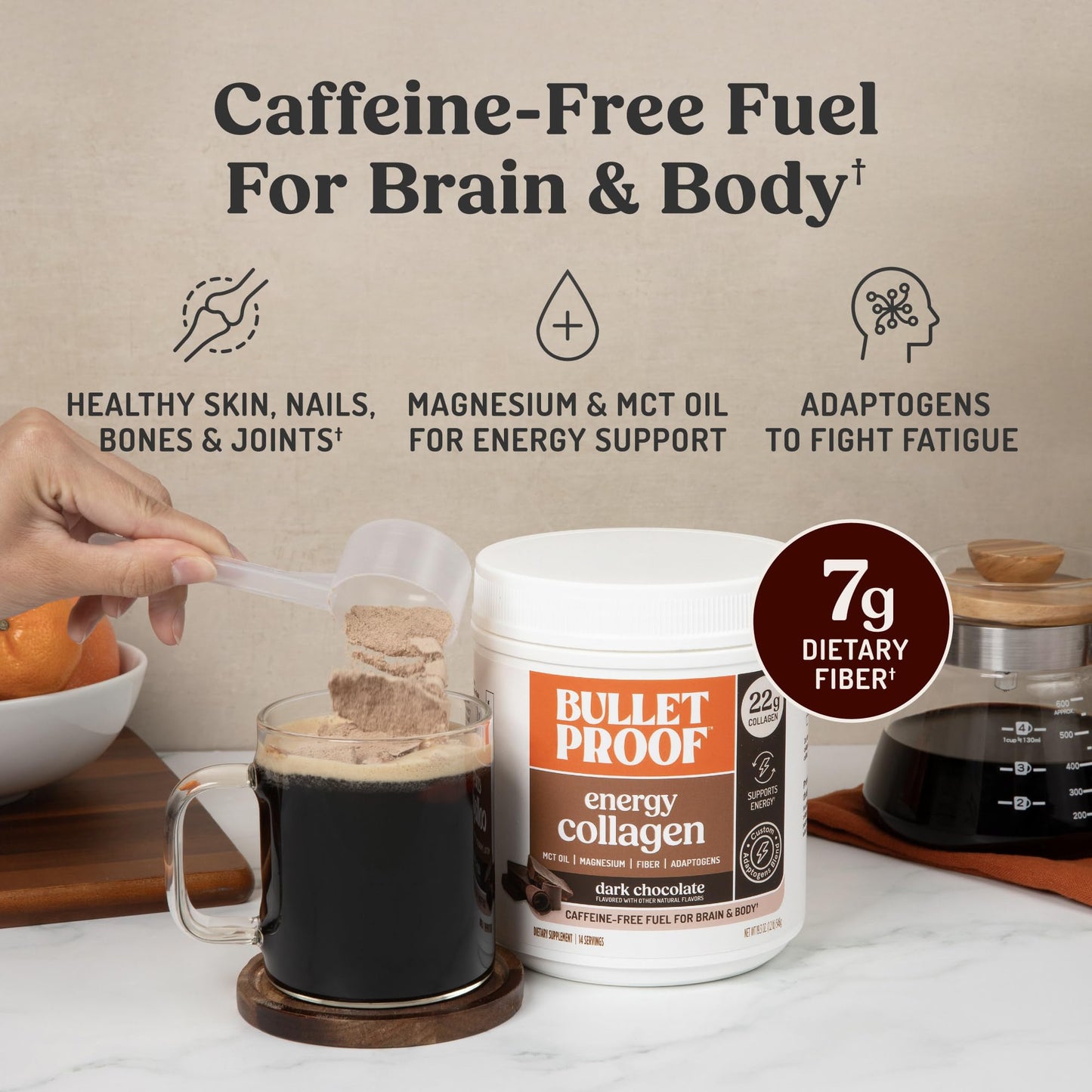 Bulletproof Dark Chocolate Energy Collagen Protein — 19.3 oz, Caffeine-Free with Ginseng, Cordyceps, Magnesium & MCT
