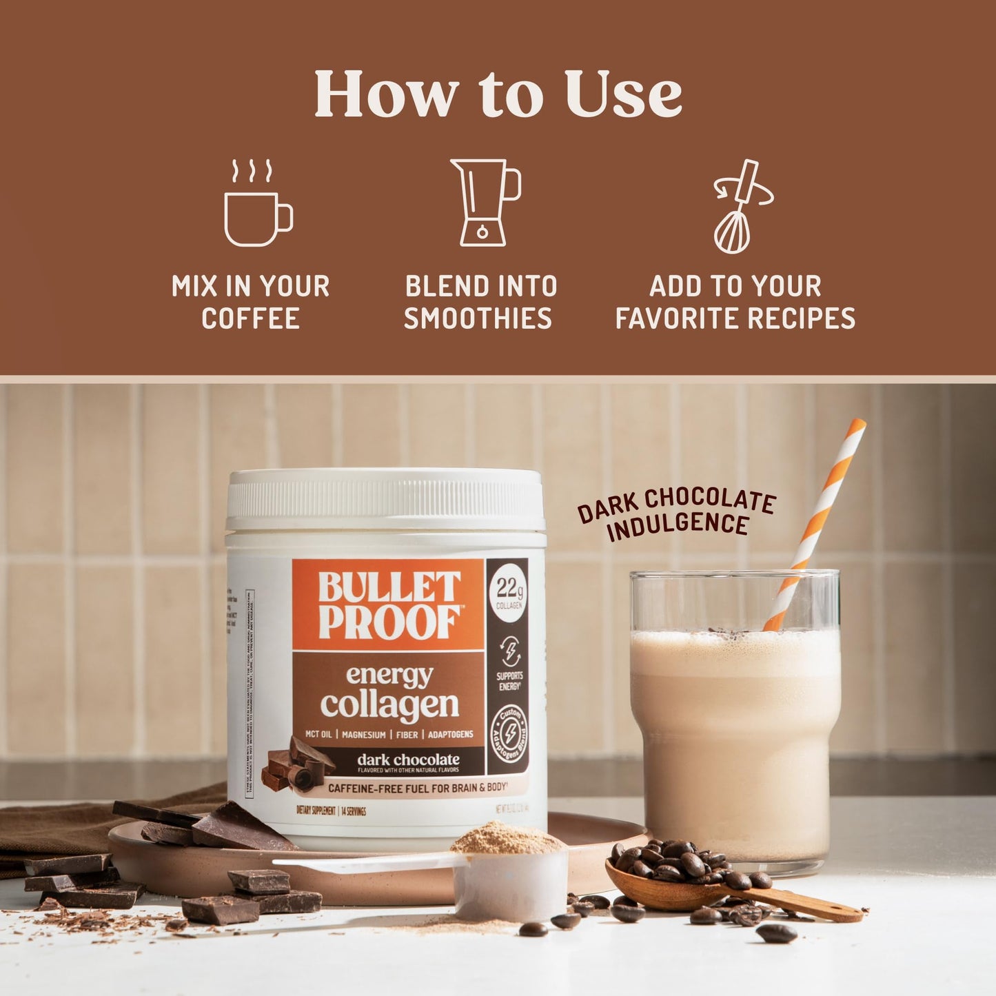 Bulletproof Dark Chocolate Energy Collagen Protein — 19.3 oz, Caffeine-Free with Ginseng, Cordyceps, Magnesium & MCT