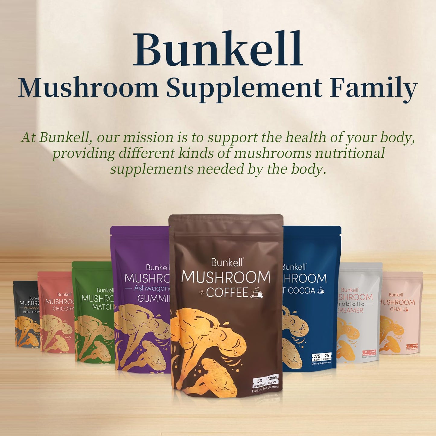 Bunkell Ashwagandha Mushroom Powder, Adaptogenic 10 Mushrooms Complex w/ashwagandha - Lion's Mane, Reishi, Chaga & Maitake - Adaptogens Powder for Energy, Cognitive & Immune Support, 40 Servings