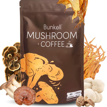 Bunkell Mushroom Coffee – Adaptogenic 6 Mushrooms (Lion's Mane, Reishi, Cordyceps, Shiitake, King Trumpet & Turkey Tail) – 40 Servings