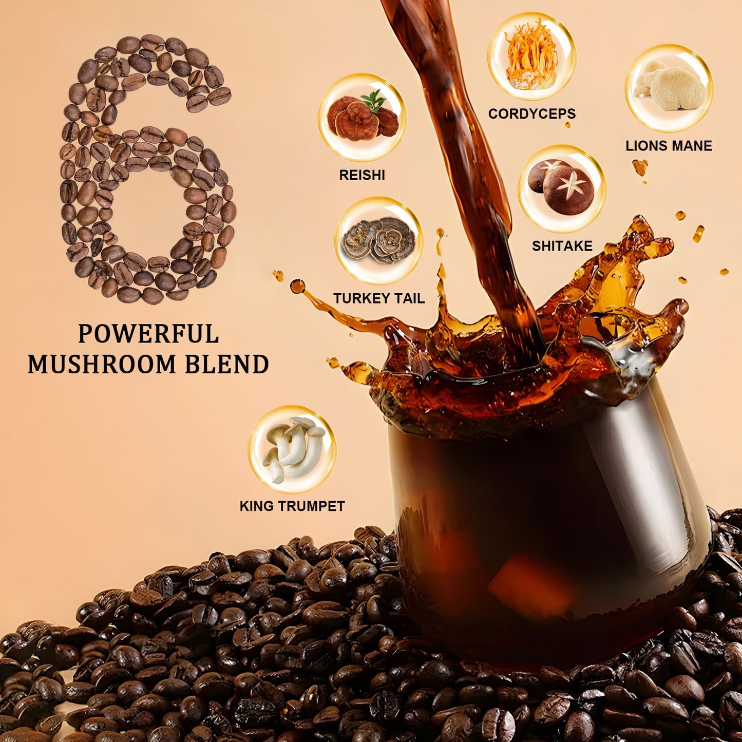 Bunkell Mushroom Coffee – Adaptogenic 6 Mushrooms (Lion's Mane, Reishi, Cordyceps, Shiitake, King Trumpet & Turkey Tail) – 40 Servings