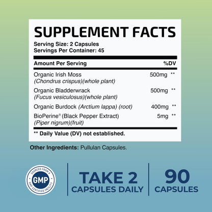 Irish Sea Moss Capsules – Organic Irish Sea Moss, Burdock Root & Bladderwrack 1300mg Complex | 90 Veggie Pills | 45-Day Supply