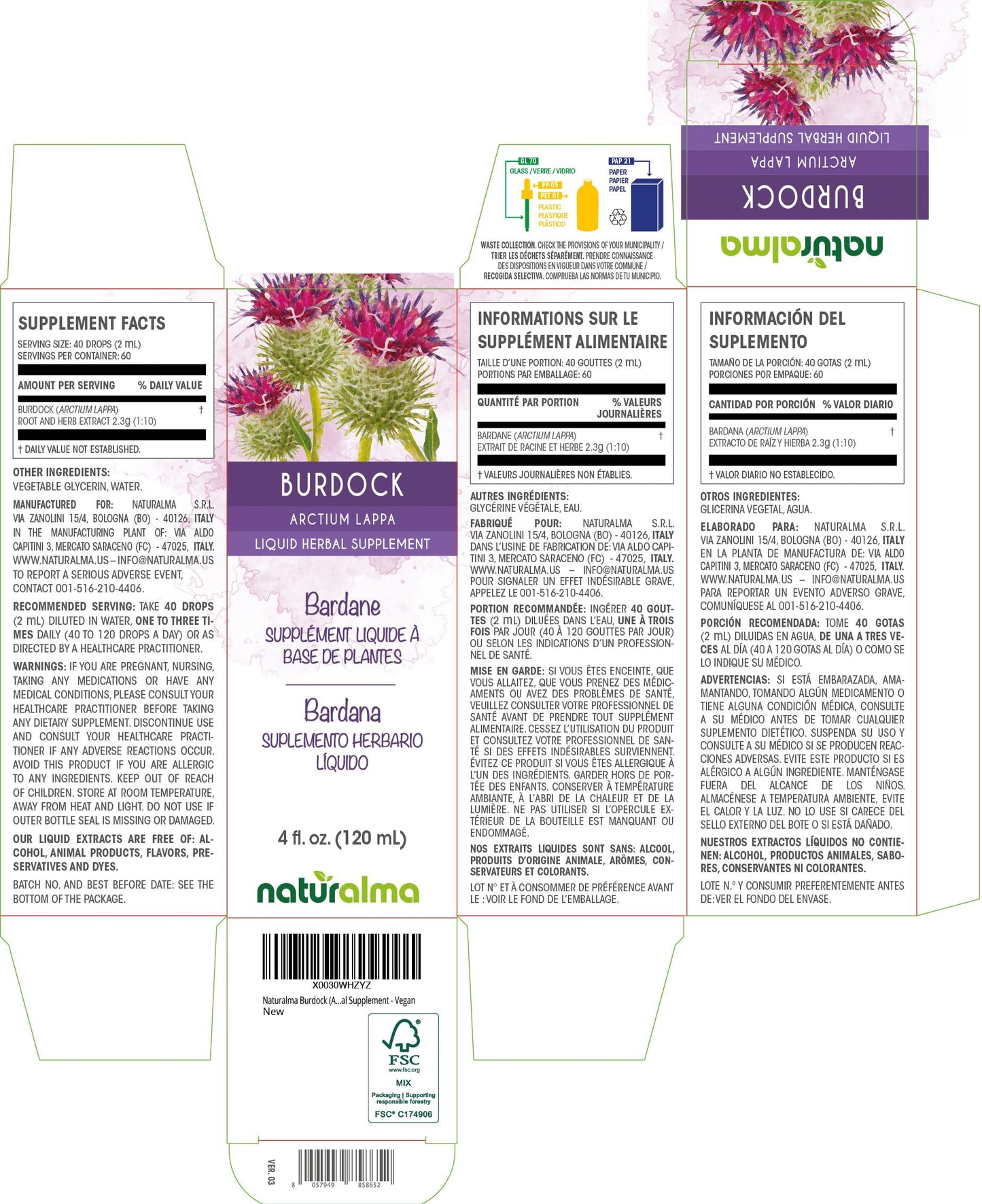 Naturalma Burdock Root & Herb Tincture – Alcohol-Free, 4 fl oz Drops – Vegan
