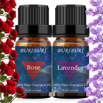 BURIBURI Rose & Lavender Essential Oil Set | 100% Pure Fragrance Oils for Diffuser, Massage & Candles