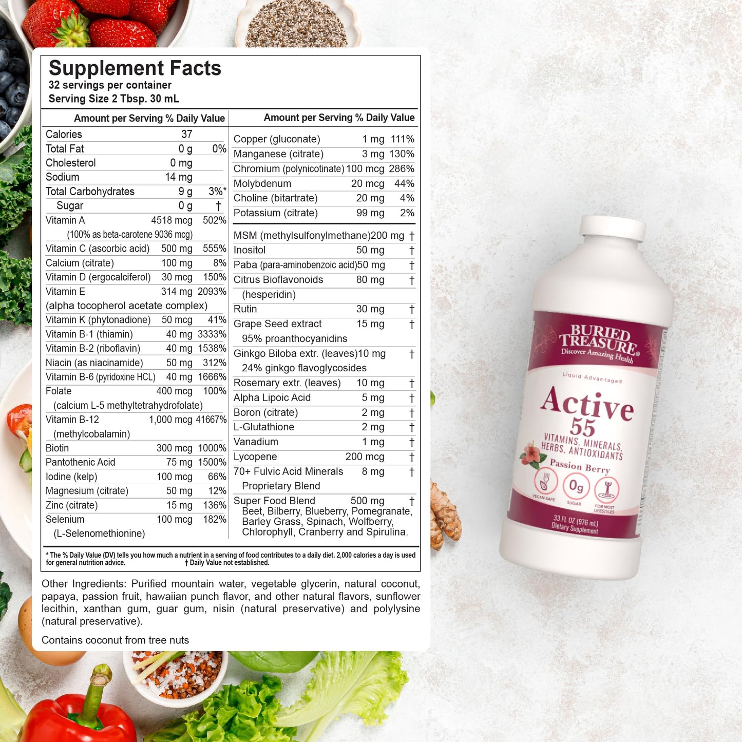Buried Treasure Active 55 Plus - Liquid Multivitamin for Seniors | 32 Serv | Vegan & Sugar-Free | Immune Support