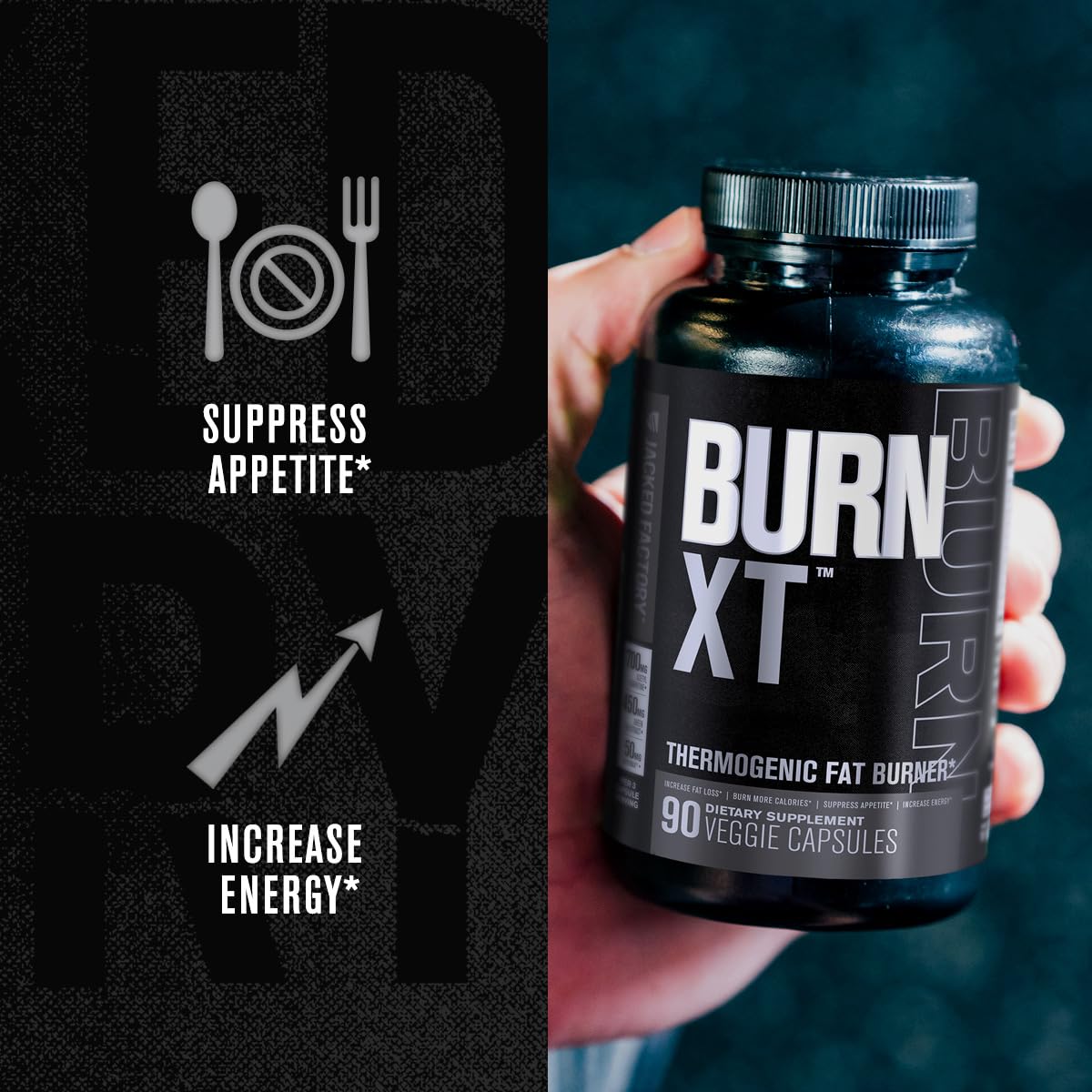 Jacked Factory Burn XT Black Thermogenic Fat Burner – TeaCrine, Infinergy, Green Tea Extract | 90 Veg Diet Pills