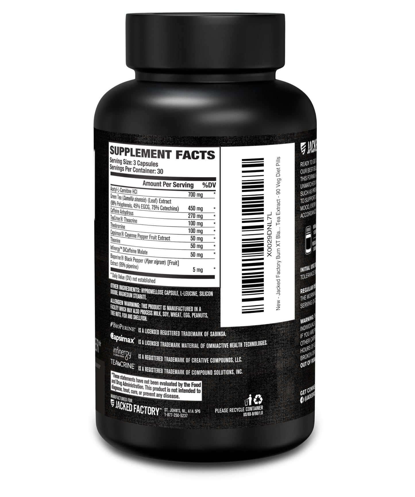 Jacked Factory Burn XT Black Thermogenic Fat Burner – TeaCrine, Infinergy, Green Tea Extract | 90 Veg Diet Pills