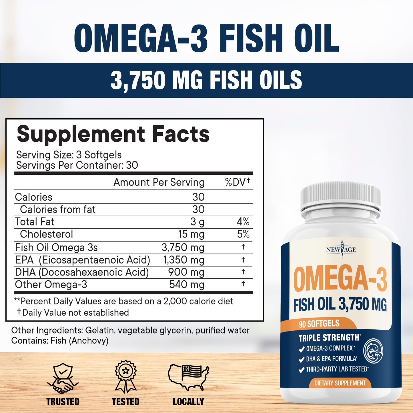 NEW AGE Triple Strength Omega 3 Fish Oil 3750 mg – 1350 mg EPA + 900 mg DHA | 270 Softgels