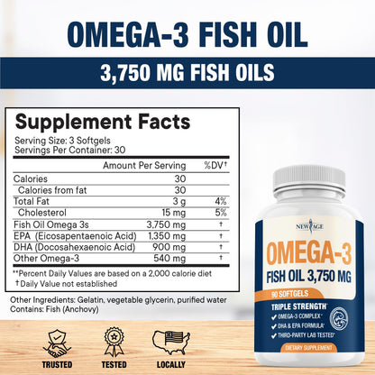 NEW AGE Triple Strength Omega 3 Fish Oil 3750 mg – 1350 mg EPA + 900 mg DHA | 270 Softgels