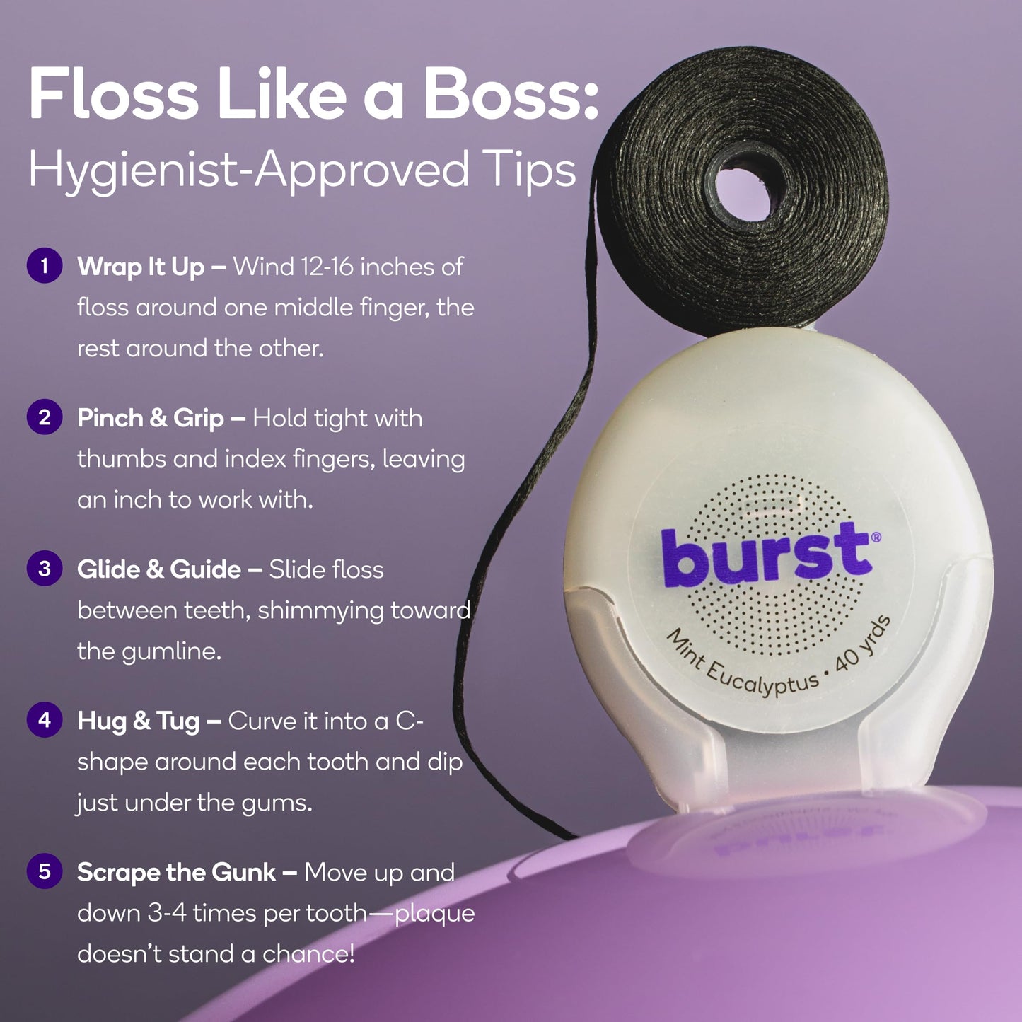 BURST Expanding Dental Floss – Mint Eucalyptus (160 Yards) | Stain-Absorbing, Woven Floss with Xylitol Coating | Vegan & Paraben-Free