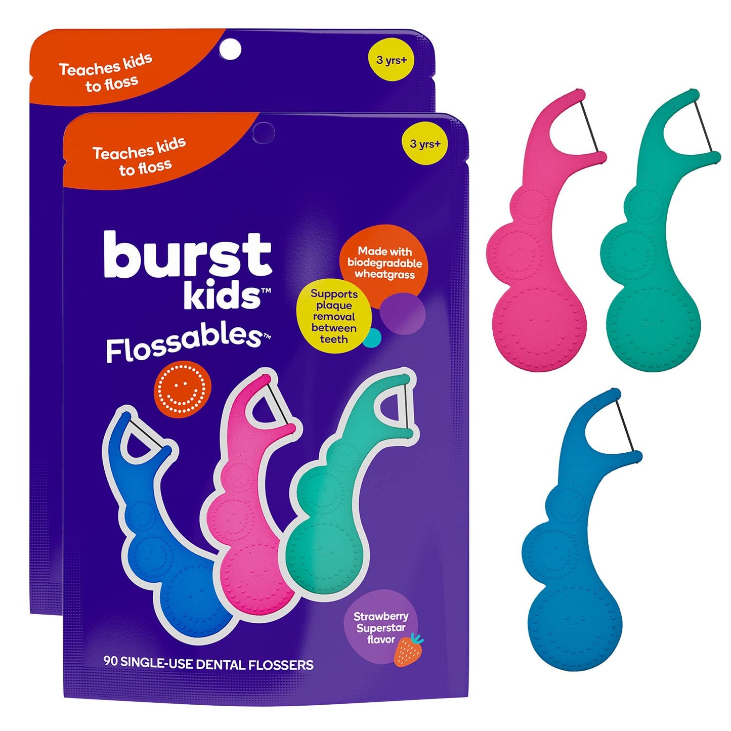 BURST Kids Flossers (180 Count/2 Pack) – Strawberry Aroma | Ergonomic, No-Slip Grip