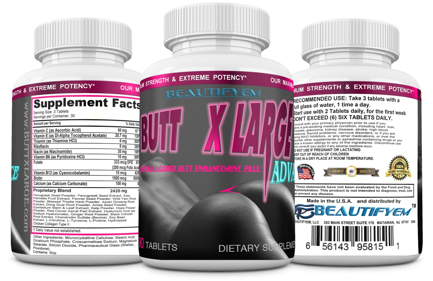BEAUTIFYEM Butt X-Large Advance Butt Enlargement, Booty Enhancement. Butt Enhancer Pills. Fast Curved Bigger Glutes. 90 Tablets (Not a Butt Cream)