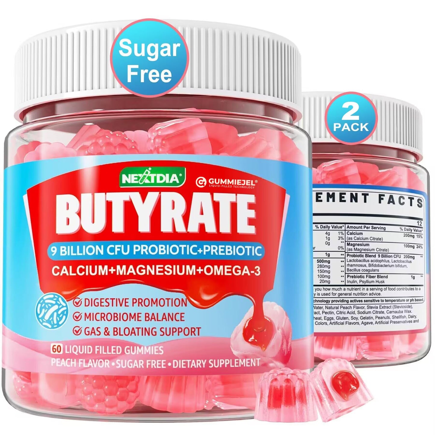 Nextdia Butyrate Gummies with Probiotics, Prebiotics & Omega-3 – Sugar Free