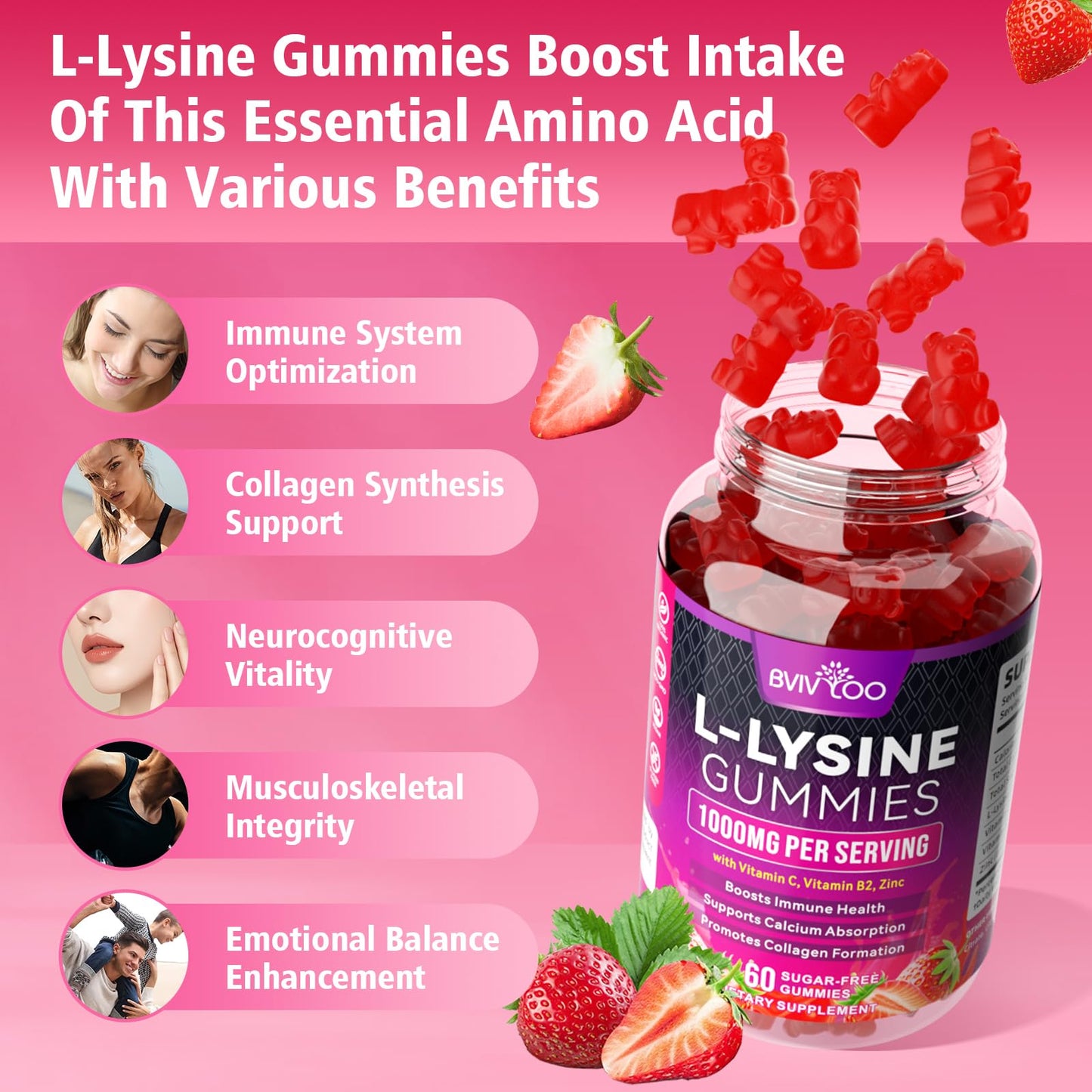 BVIVLOO L-Lysine 1000mg Gummies – Immune Support, Skin Health | Vegan, Sugar-Free