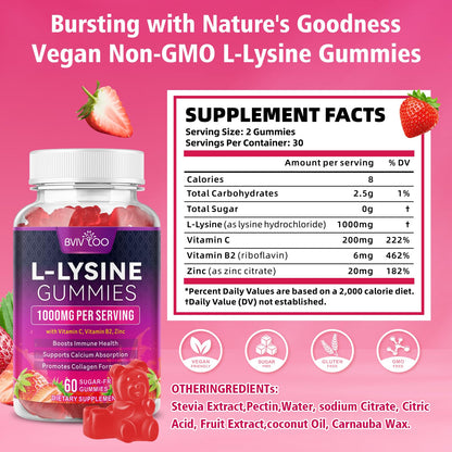 BVIVLOO L-Lysine 1000mg Gummies – Immune Support, Skin Health | Vegan, Sugar-Free