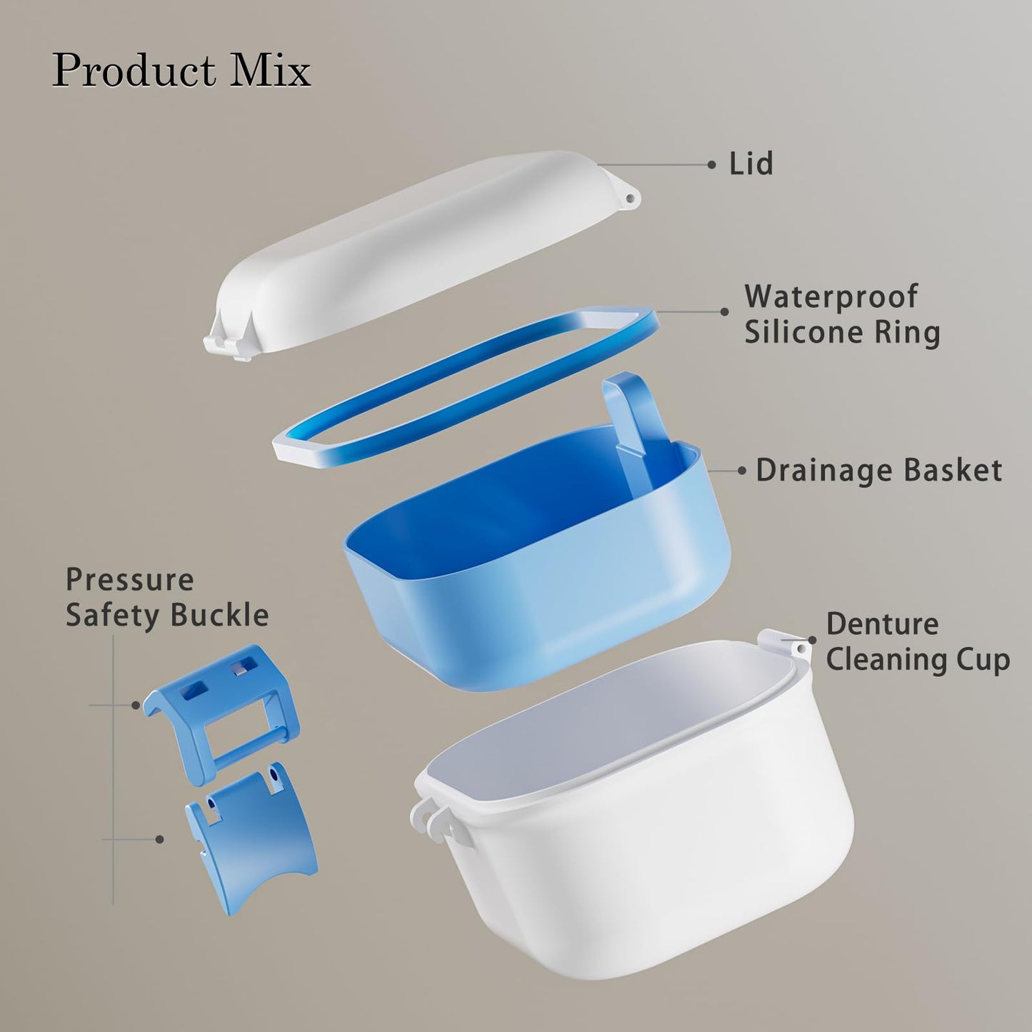 BVN Leak-Proof Denture Case – Blue & White Denture Cup for Soaking Dentures and Retainer Cleaning