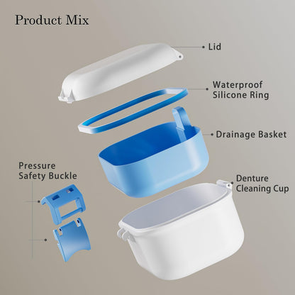 BVN Leak-Proof Denture Case – Blue & White Denture Cup for Soaking Dentures and Retainer Cleaning