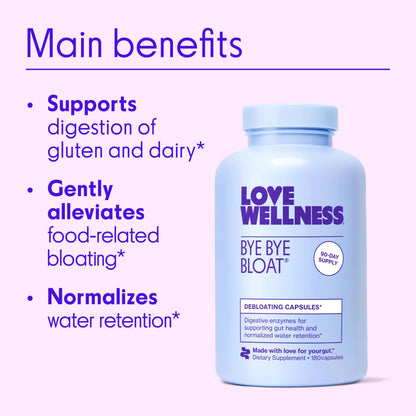 Love Wellness Bye Bye Bloat Digestive Enzymes | Bloating Relief for Women | 180 Count