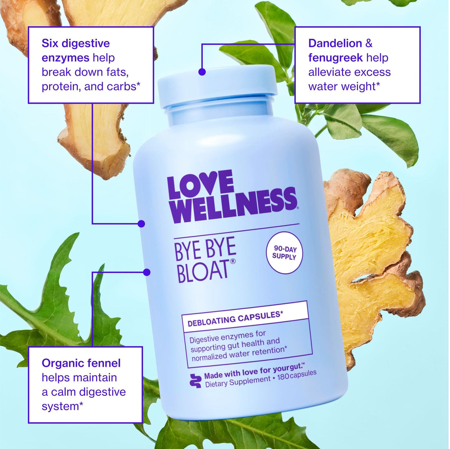 Love Wellness Bye Bye Bloat Digestive Enzymes | Bloating Relief for Women | 180 Count