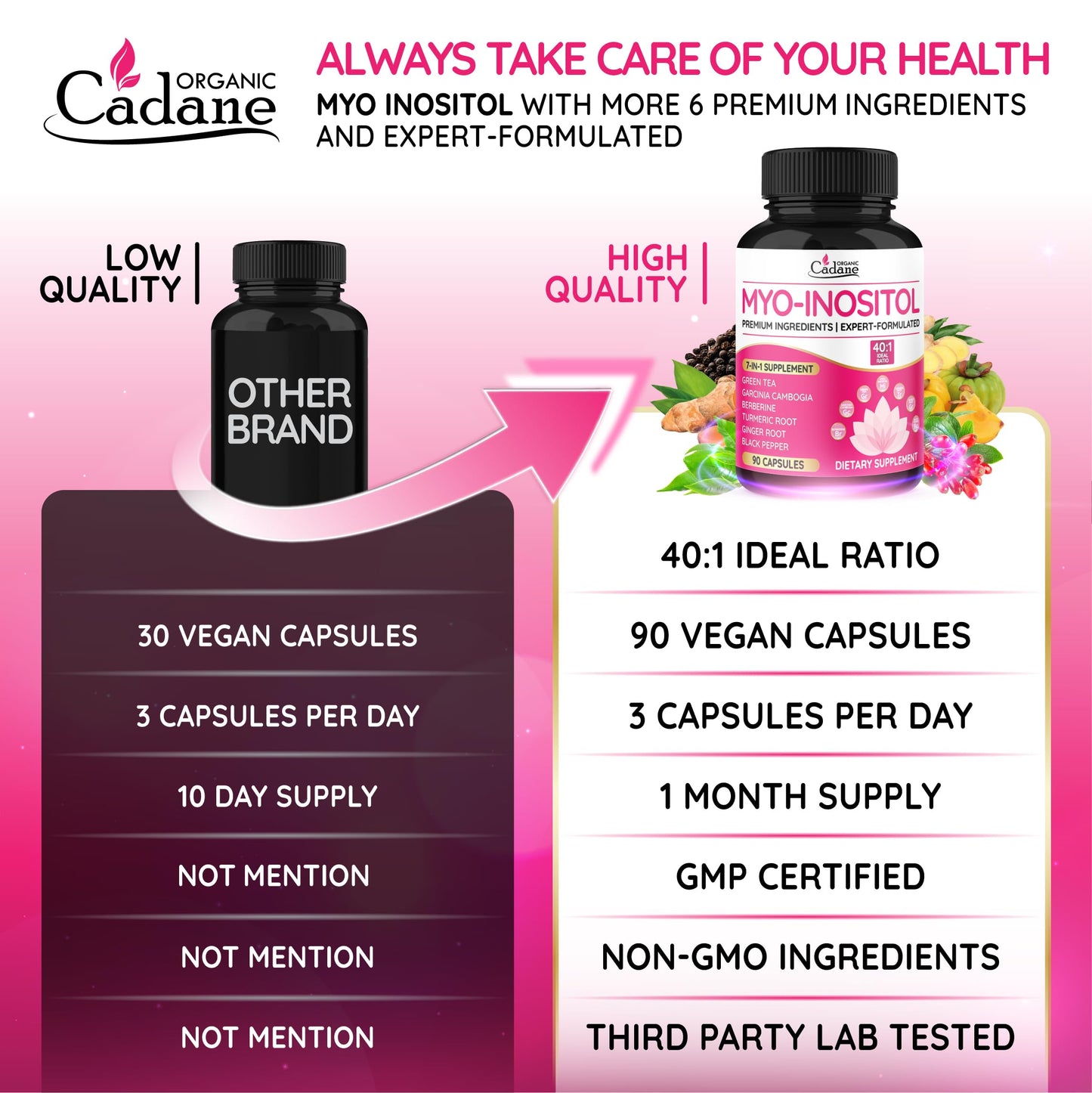 Cadane Organic Myo-Inositol & Green Tea Capsules – 90 Vegan, Non-GMO