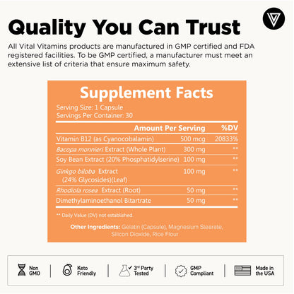 Vital Vitamins Brain Booster (2-Pack) — Memory & Focus Nootropics, Caffeine-Free