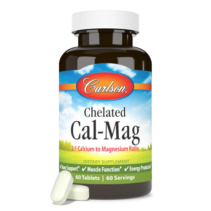 Carlson Chelated Cal-Mag 2:1 Calcium:Magnesium – Bone Support, Muscle Function & Energy Production, 60 Tablets