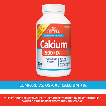 21st Century Calcium 500 mg + D3 Tablets - 400 Count | Bone Health Supplement