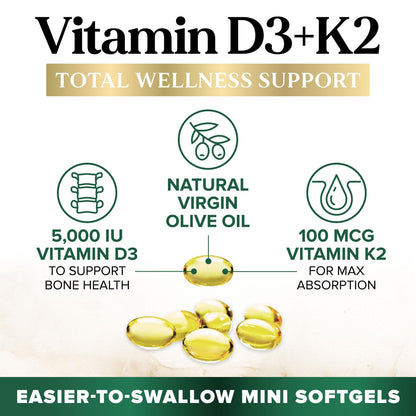 Vitamin D3 K2 5000 IU Plus MK-7 100 mcg – Bone, Immune & Heart Health | 120 Softgels