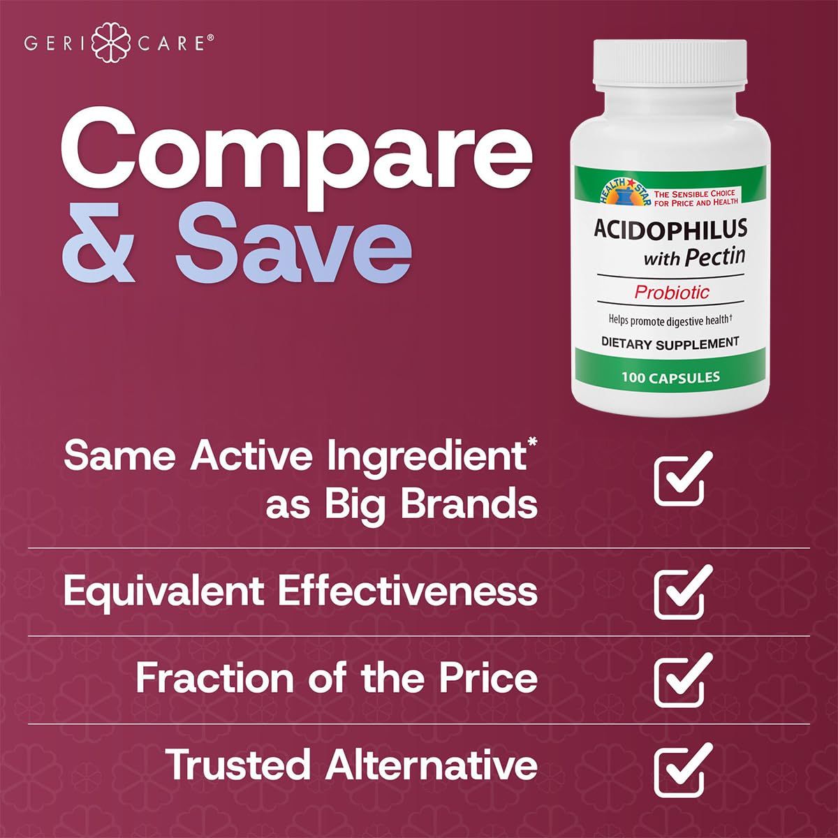 GeriCare Acidophilus with Pectin Probiotic Capsules – Digestive Health, Immunity & Bone Support | 100 Count