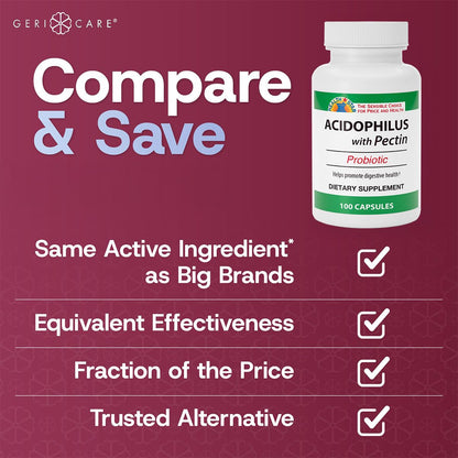 GeriCare Acidophilus with Pectin Probiotic Capsules – Digestive Health, Immunity & Bone Support | 100 Count