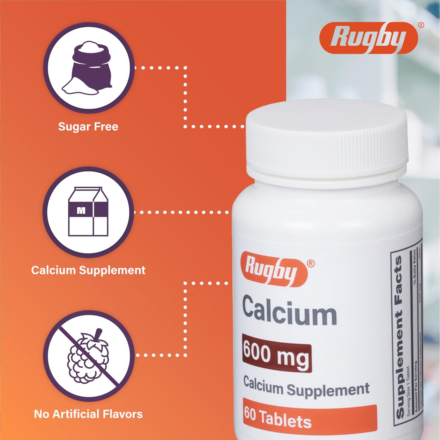 Rugby 600 mg Calcium Tablets - Calcium Supplement - 60 Count (1 Pack)