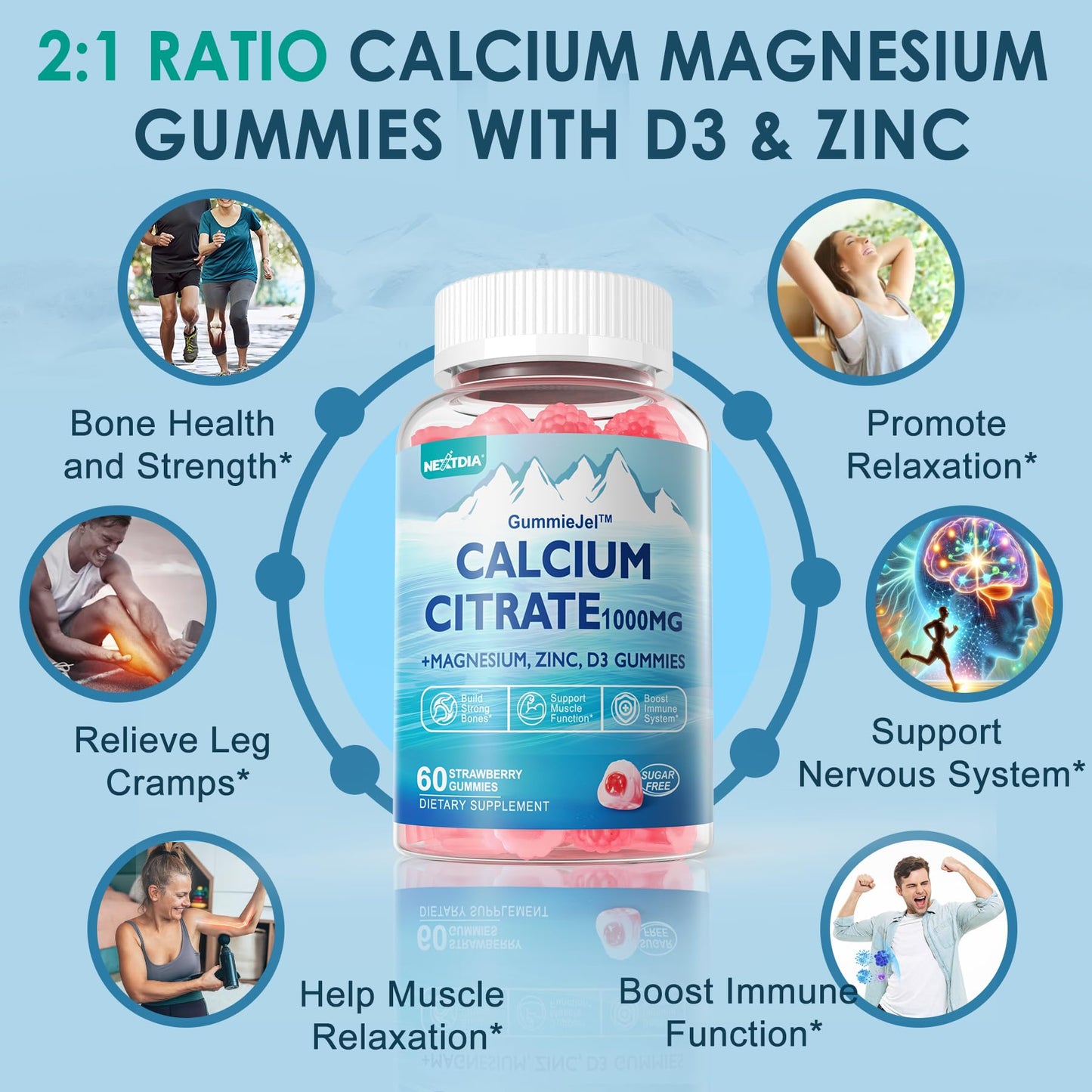 Nextdia Calcium Citrate 1000mg Gummies — Vegan, Sugar-Free, 2:1 Ca:Mg + D3