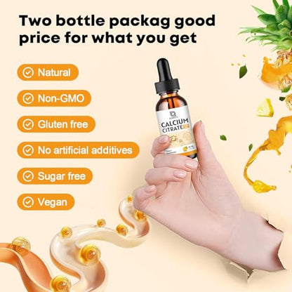 Calcium Citrate Drops 1200mg with Vitamin D3 – Highly Absorbable, Non-GMO | 1 Fl Oz (2 Pack)