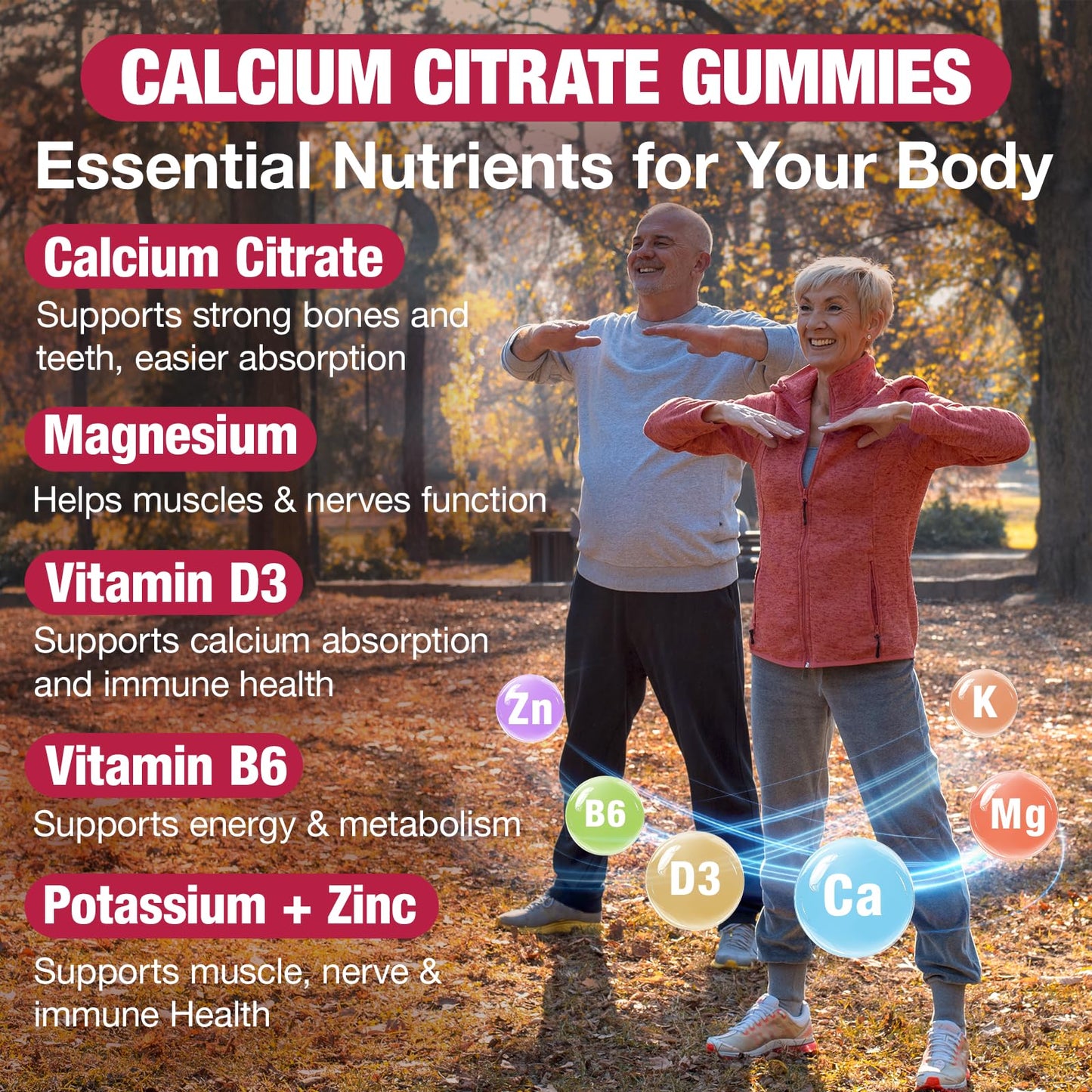 Calcium Citrate Gummies 1200mg – Strawberry Flavor, D3 & K2, 60 Count
