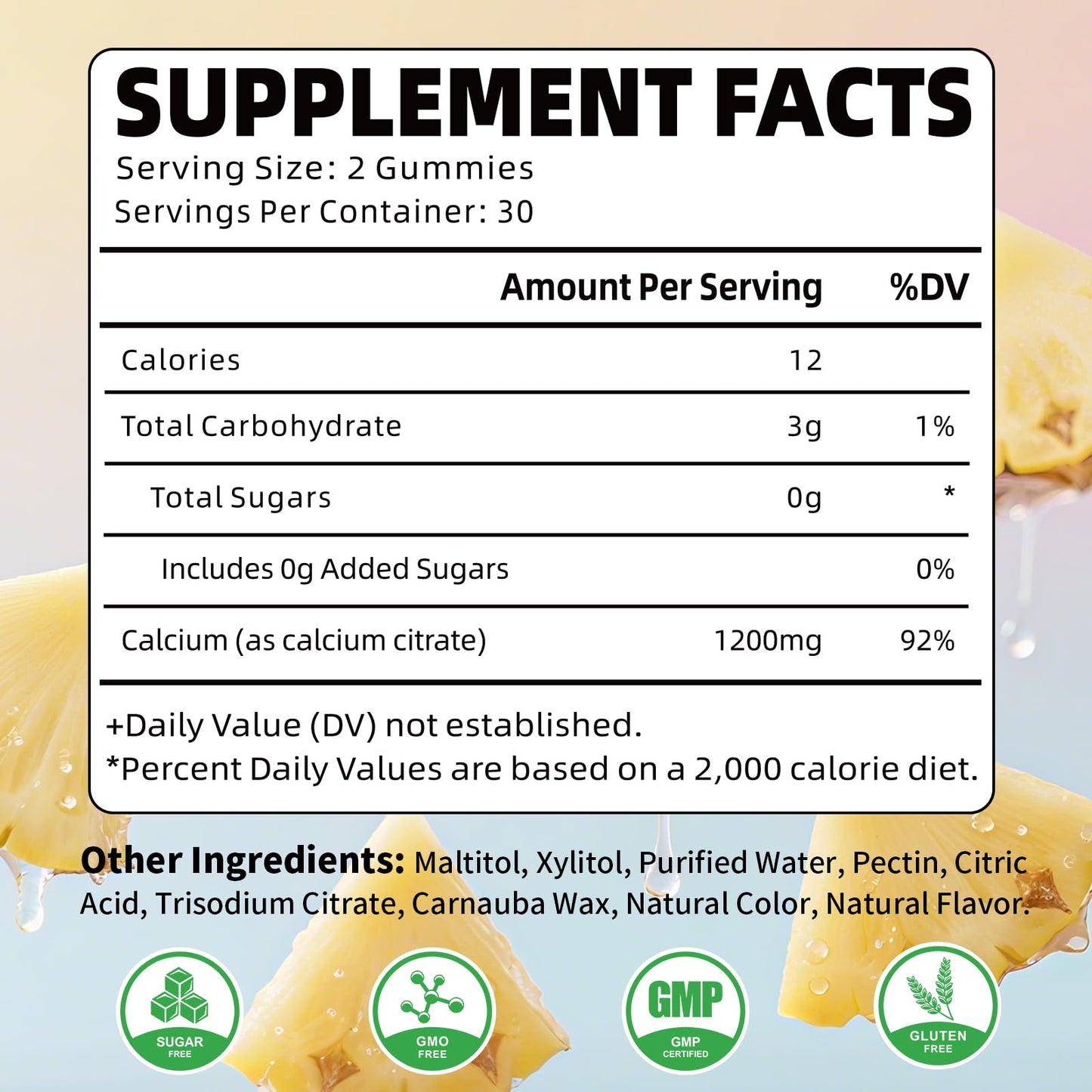 Calcium Citrate Gummies 1200mg – Sugar-Free Pineapple Calcium for Bone, Muscle & Immune Support | 60 Count