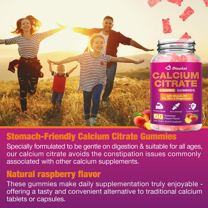 Calcium Citrate Gummies 1000mg - Vitamin D3 & K2 - Peach Flavor - 60 Gummies