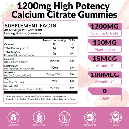 Calcium Citrate Gummies 1200mg with Magnesium, Vitamin D3 & K2 – Vegan, Gluten-Free, Sugar-Free (Strawberry) | 120 Gummies