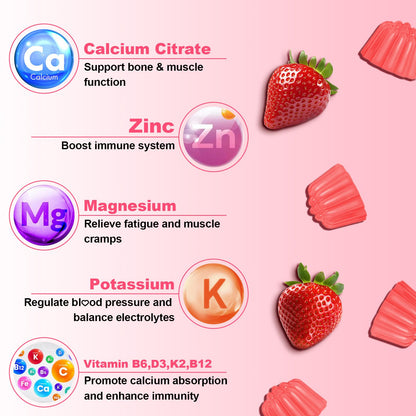 1200mg Calcium Citrate Gummies – Sugar-Free Strawberry | Bone, Teeth & Muscle Support (60 Count)
