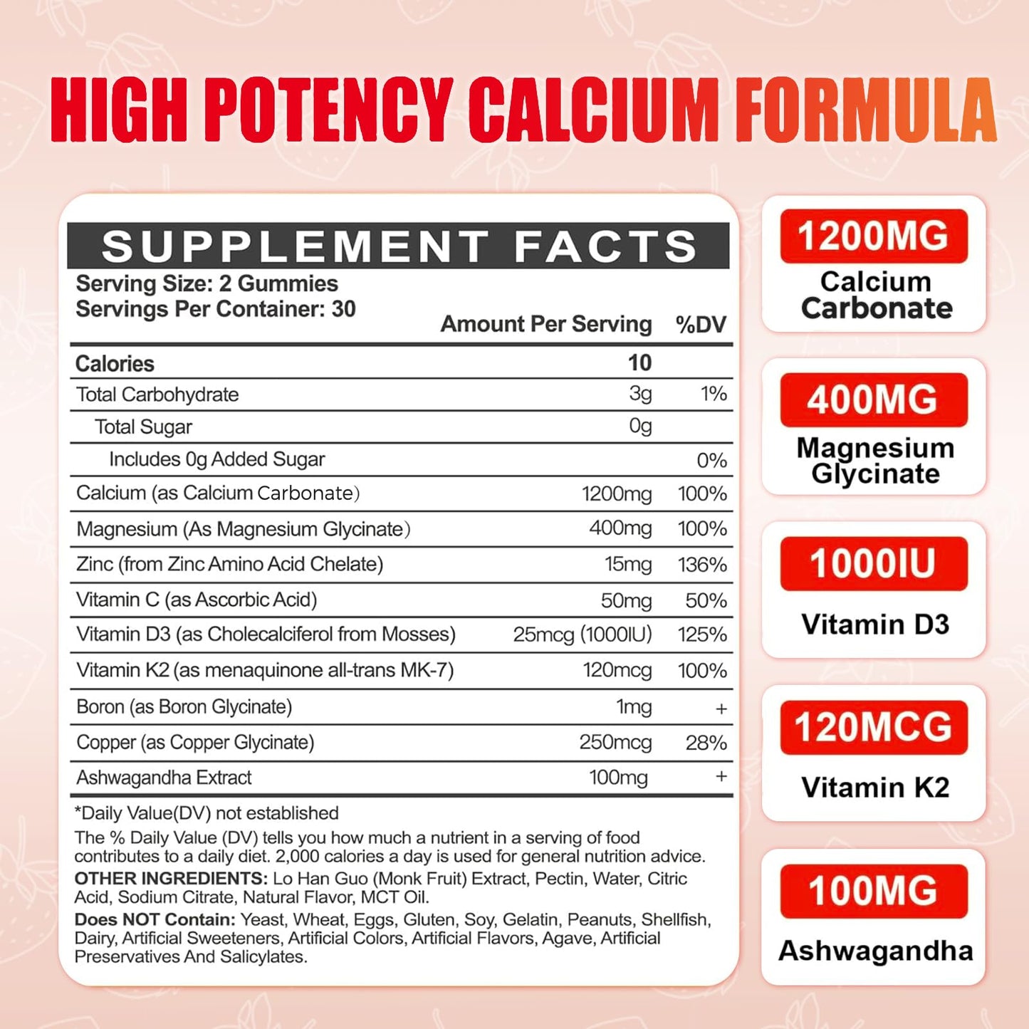 Calcium Magnesium Zinc Gummies with Vitamin D3 for Adults - 1200mg Calcium Citrate, K2, Boron, Copper, Ashwagandha | 60 Count