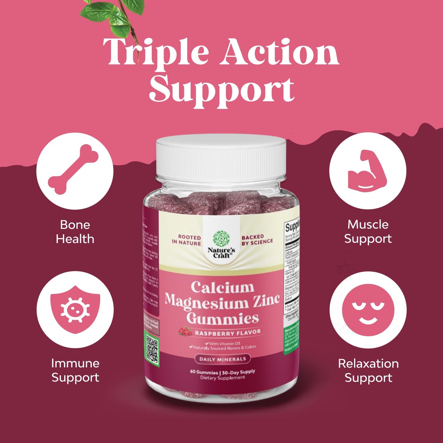 Calcium Magnesium Zinc Gummies with Vitamin D3 – Kosher Non-GMO Gelatin-Free (3 Month Supply)