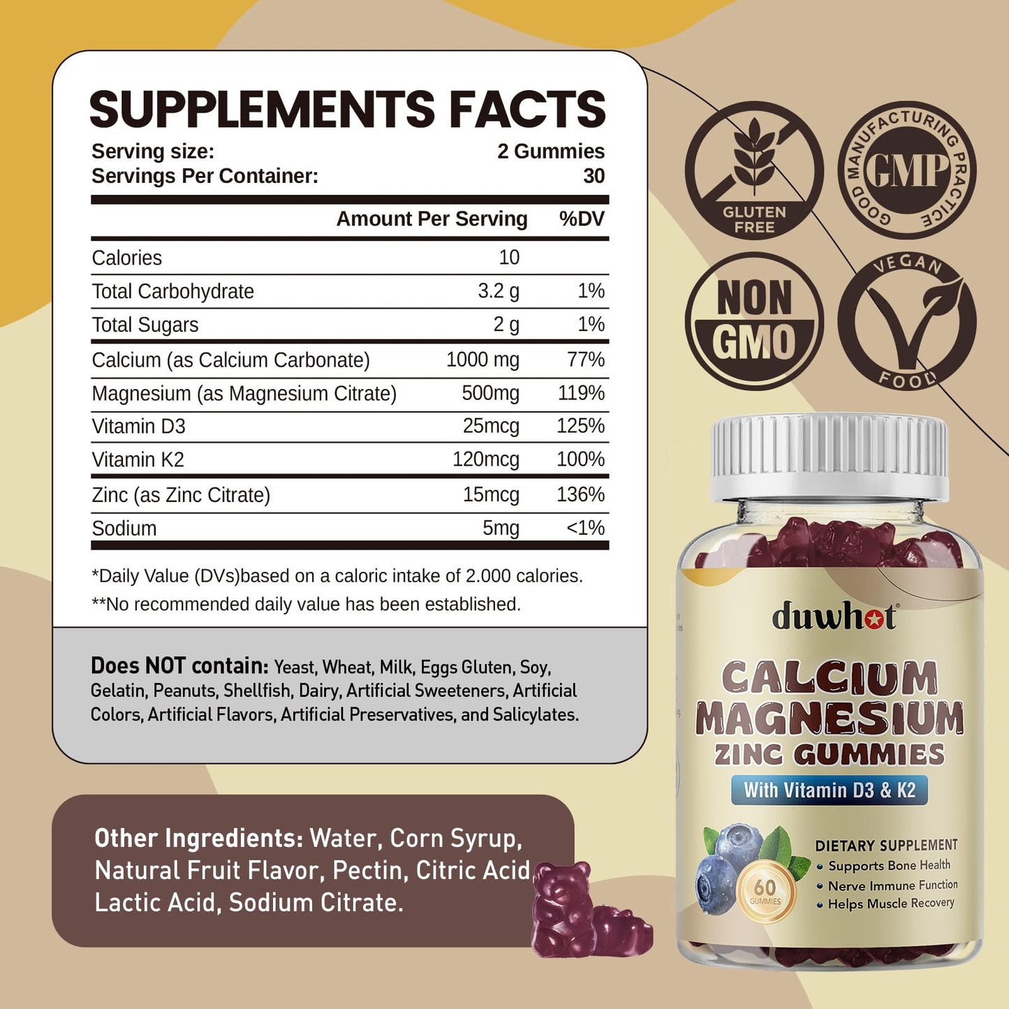 Calcium Magnesium Zinc Gummies for Women - 1000 mg, D3 & K2, 60 Ct