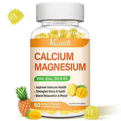 Calcium Magnesium Zinc Gummies with Vitamin D3 & K2 – Vegan Mango-Pineapple, 60 Gummies