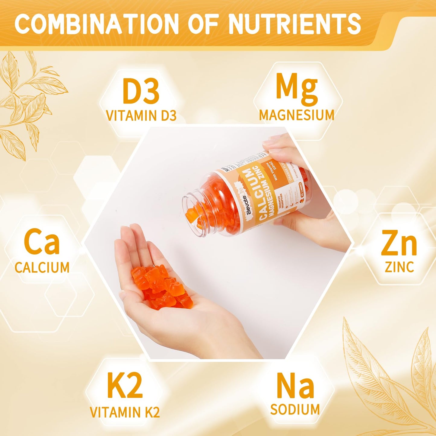Calcium Magnesium Zinc Gummies with Vitamin D3 & K2 - High Potency, Orange-60 Count