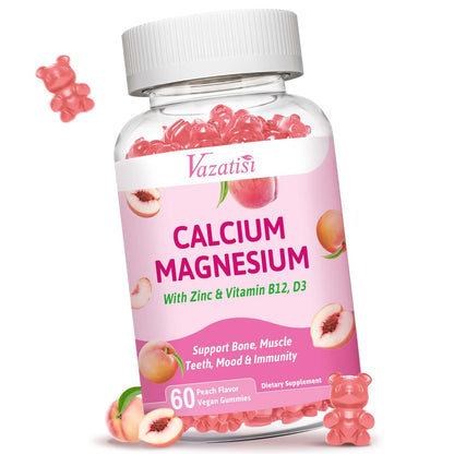 Vazatisi Calcium Magnesium Zinc Gummies with Vitamin D3 & B12 – Peach Flavor, 60 Count
