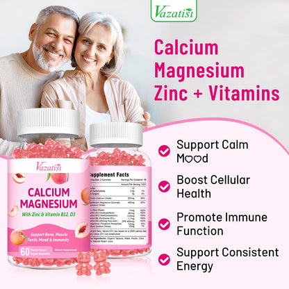 Vazatisi Calcium Magnesium Zinc Gummies with Vitamin D3 & B12 – Peach Flavor, 60 Count