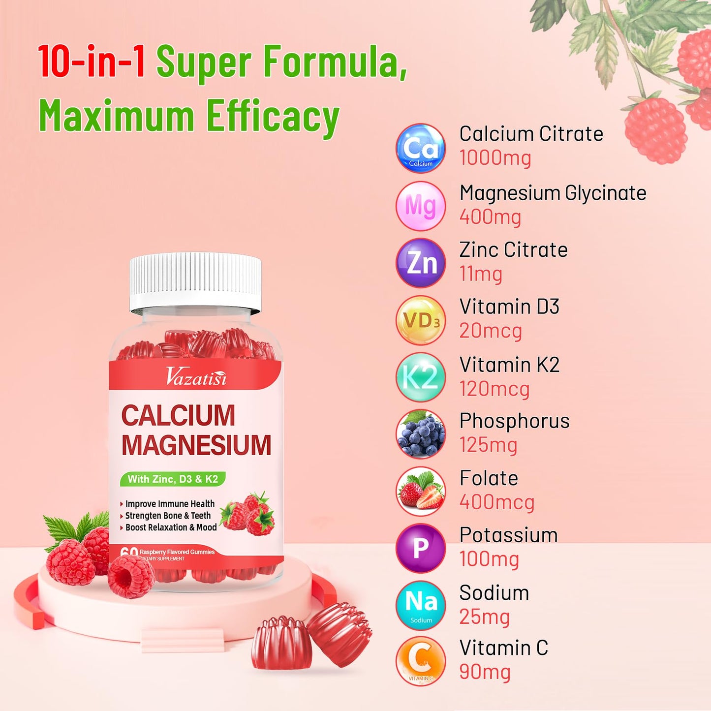 Calcium Magnesium Zinc Gummies with Vitamin D3 & K2 – Raspberry, 120 Gummies