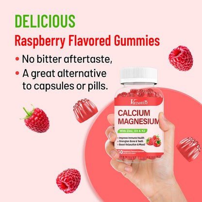Calcium Magnesium Zinc Gummies with Vitamin D3 & K2 – Raspberry, 120 Gummies