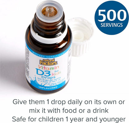 Natural Factors Vitamin D3 Drops 400 IU (10 mcg) for Kids - Supports Strong Bones & Immune Function