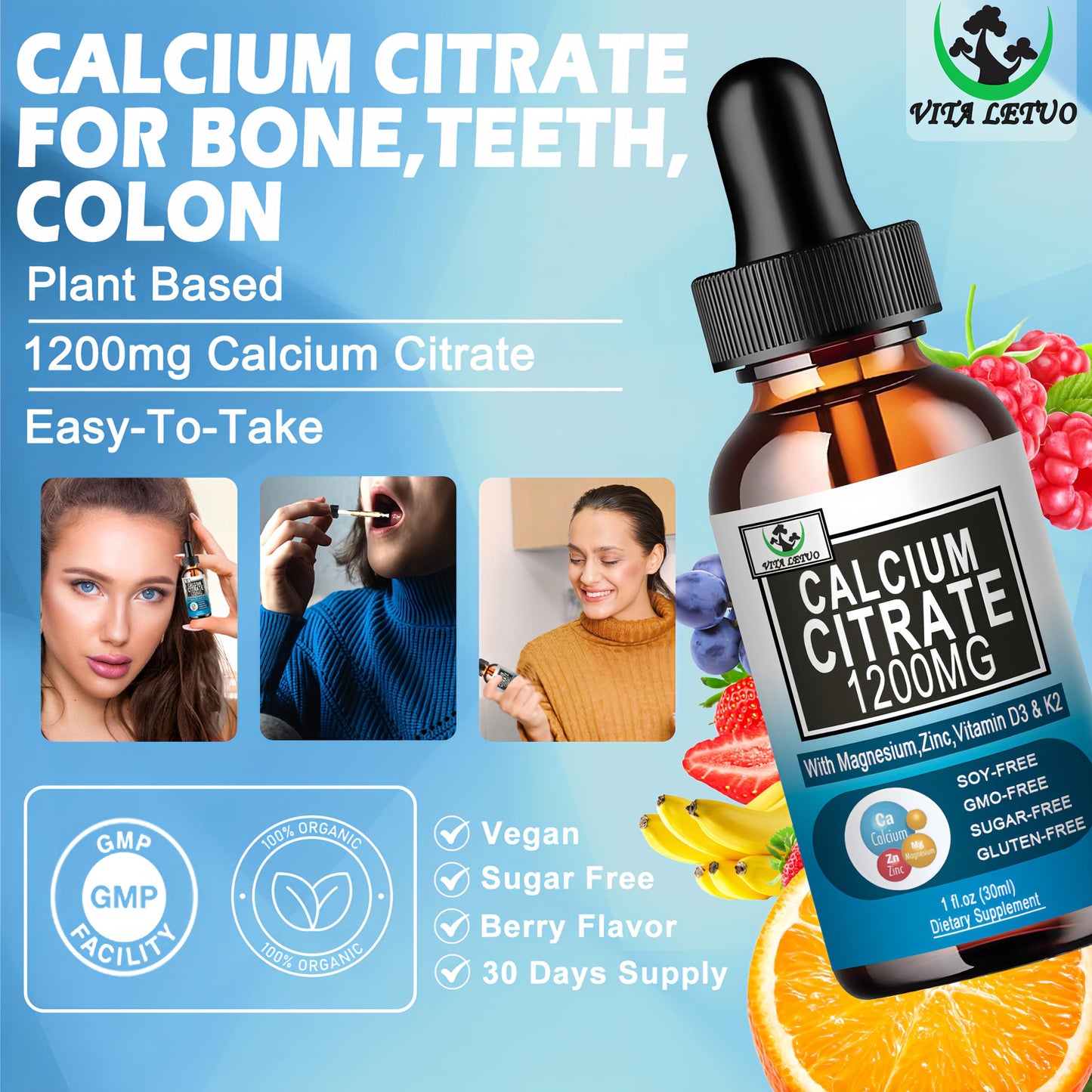 2 Pack Liquid Calcium Drops 1200 mg with Vitamin D3 – Vegan, High Absorption