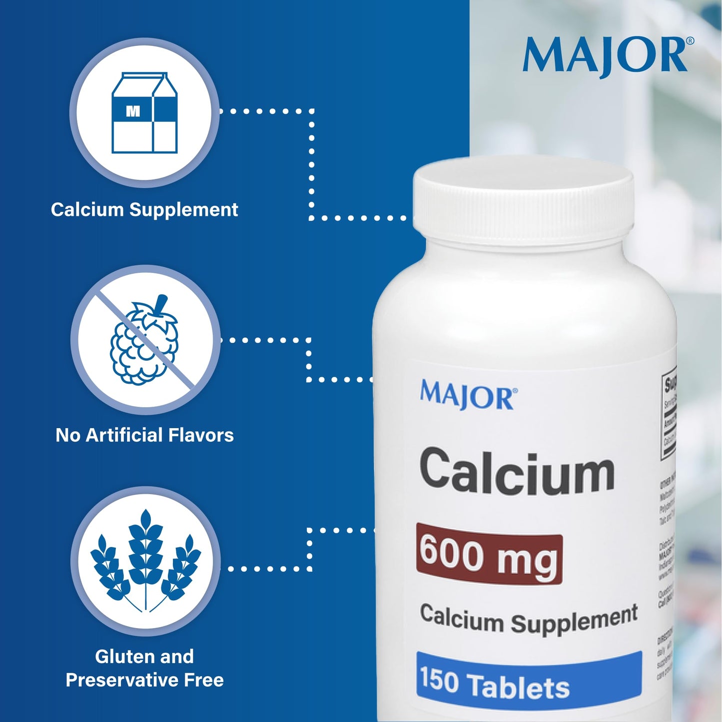 Major 600mg Calcium Tablets - Calcium Supplement (150 Count, 1 Pack)